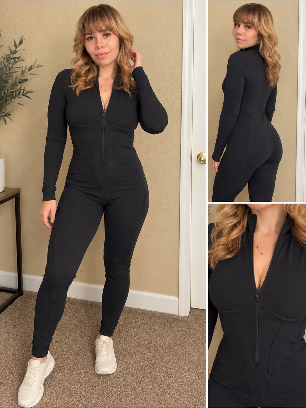 Black Long-Sleeve Zip-Front Sculpting Jumpsuit